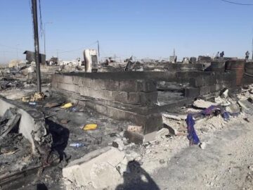 Devastation after fire destroys 400 tents at Sharia camp on 4 June 2021.