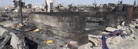 Devastation after fire destroys 400 tents at Sharia camp on 4 June 2021.