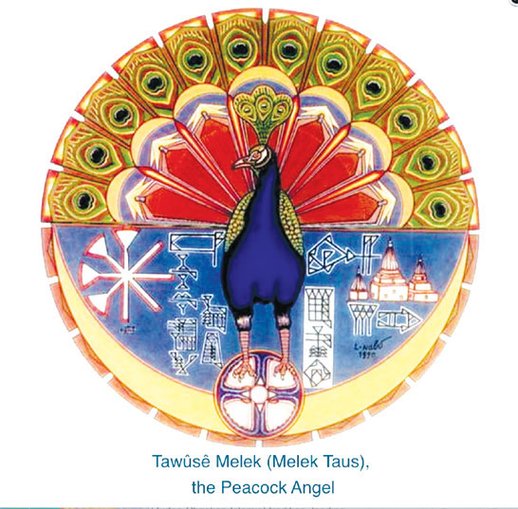 Melek Taûs, the Peacock Angel. This emblem features Tawûsê Melek in the center, the Sumerian diĝir on the left, and the domes above Sheikh ‘Adī’s tomb on the right.